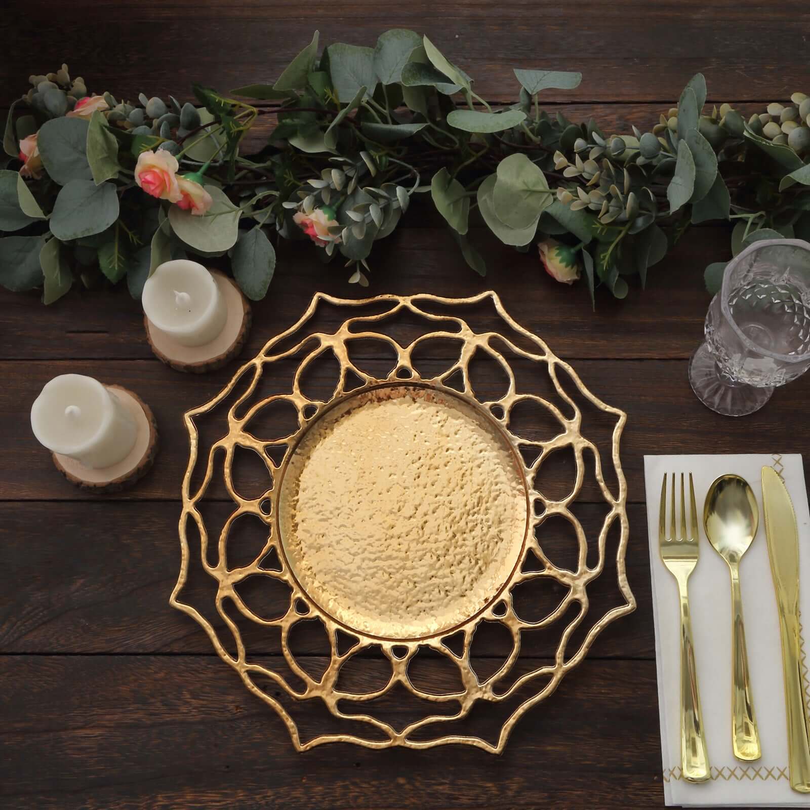 6-Pack Acrylic Charger Plates 13" Round Gold Floral Cutout Design - Hollow Flower Plastic Decorative Dinner Party Charger Tableware - Image 5