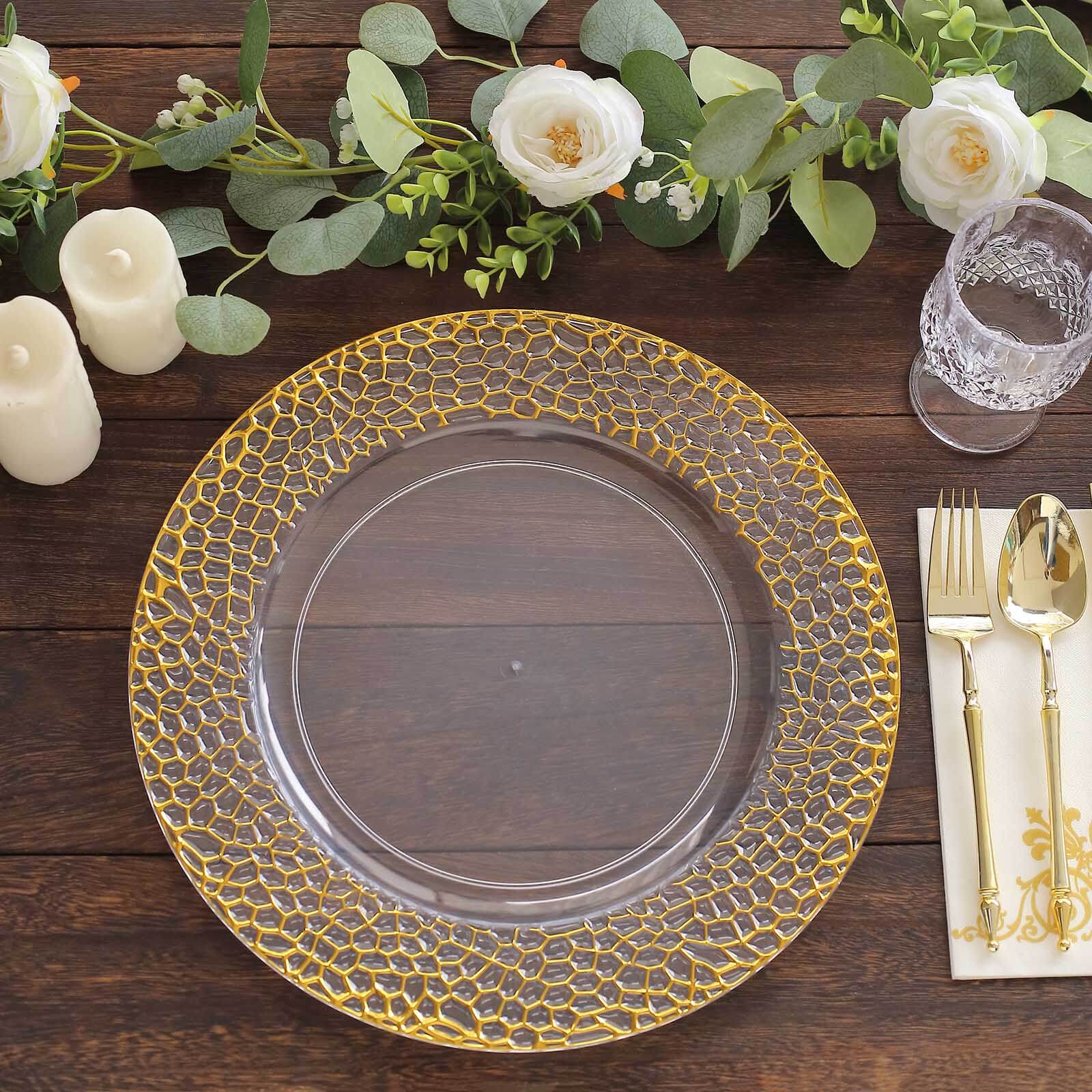 6-Pack Acrylic Charger Plates 13" Round Clear with Gold Hammered Rim - Decorative Plastic Charger Tableware - Image 8