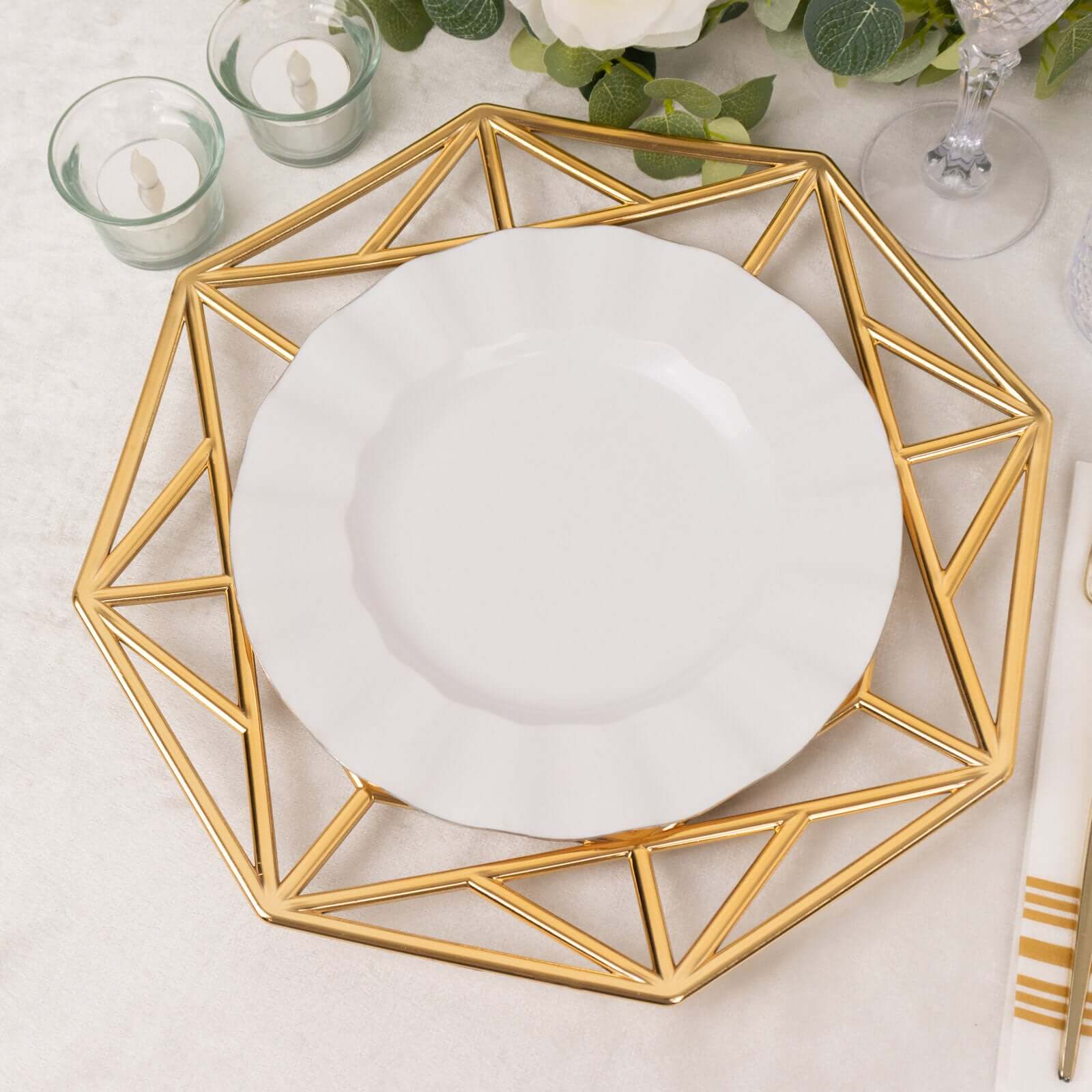 6-Pack Acrylic Charger Plates 13" Octagon Metallic Gold with Hollow Geometric Rim - Plastic Disposable Decorative Chargers - Image 7
