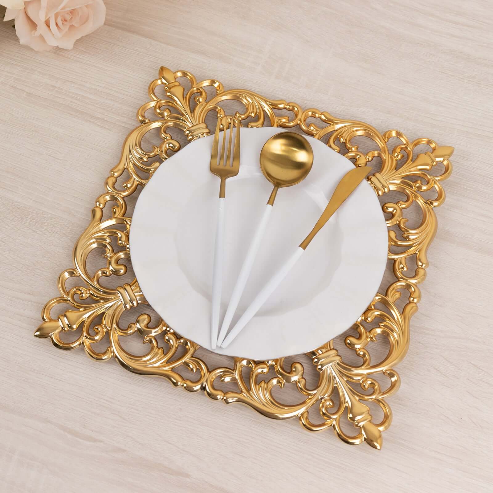 Alternative view of 6-Pack Acrylic Charger Plates 12" Square Gold with Hollow Lace Border - Event Tabletop Decorative Charger Tableware