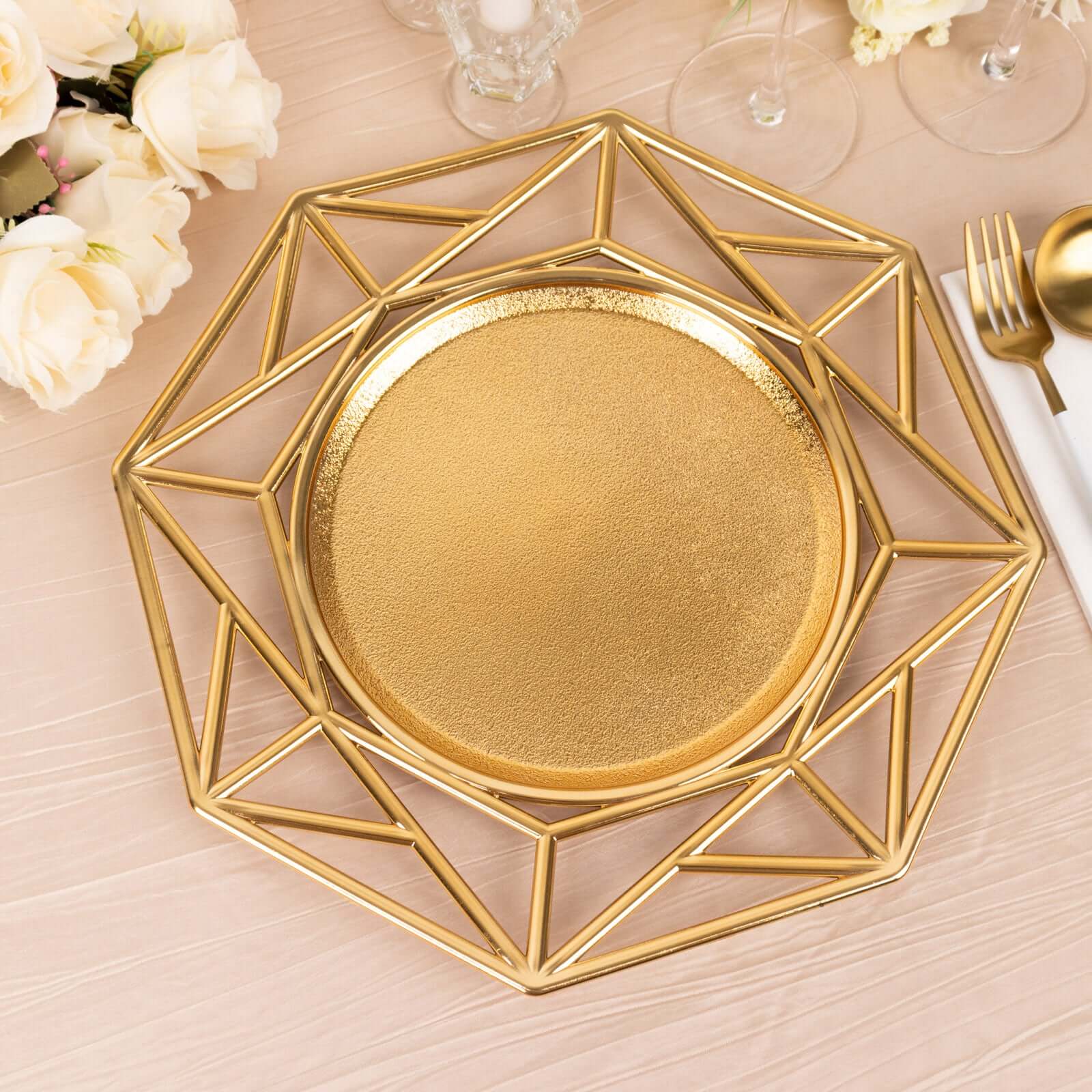 6-Pack Acrylic Charger Plates 13" Octagon Metallic Gold with Hollow Geometric Rim - Plastic Disposable Decorative Chargers - Image 5