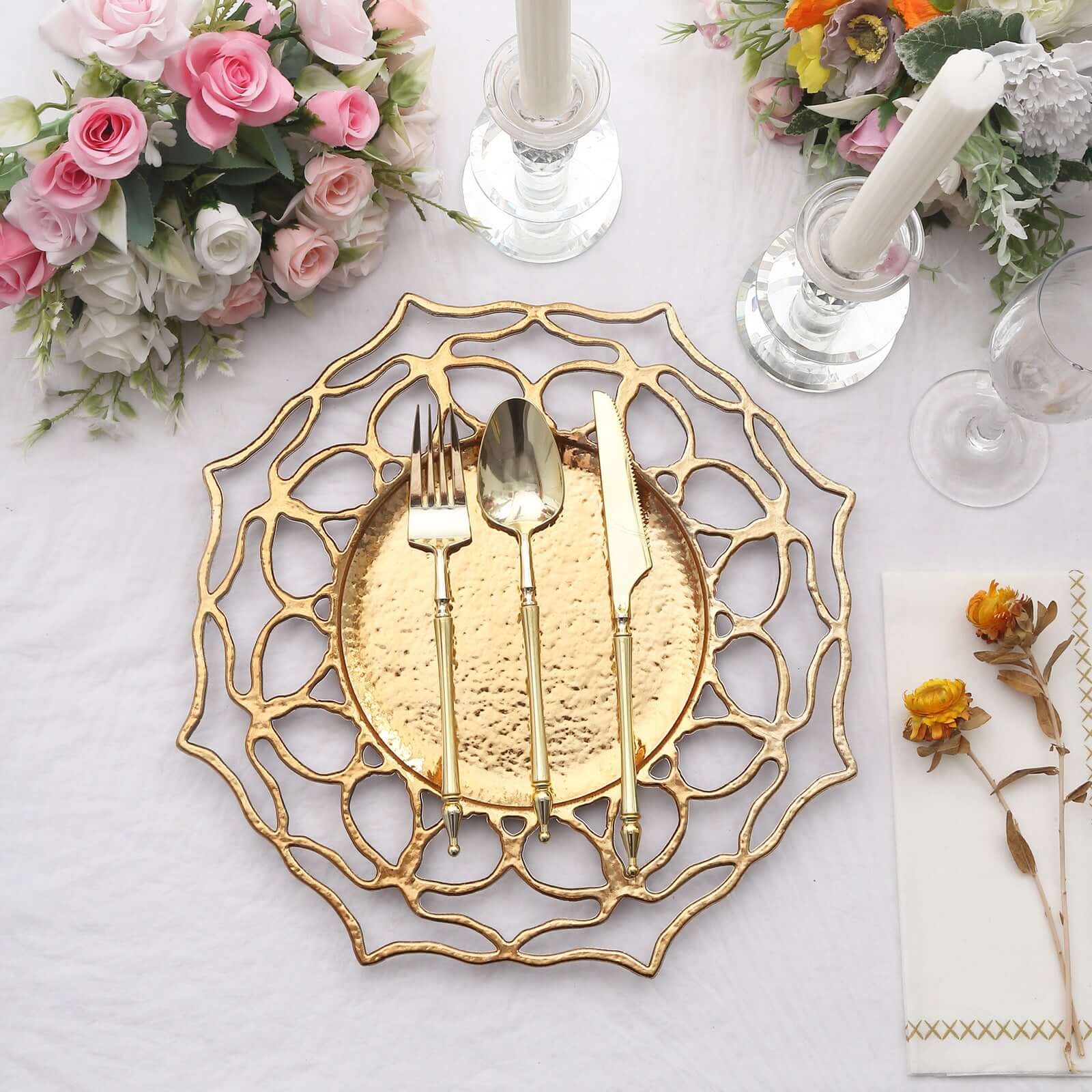 6-Pack Acrylic Charger Plates 13" Round Gold Floral Cutout Design - Hollow Flower Plastic Decorative Dinner Party Charger Tableware - Image 7