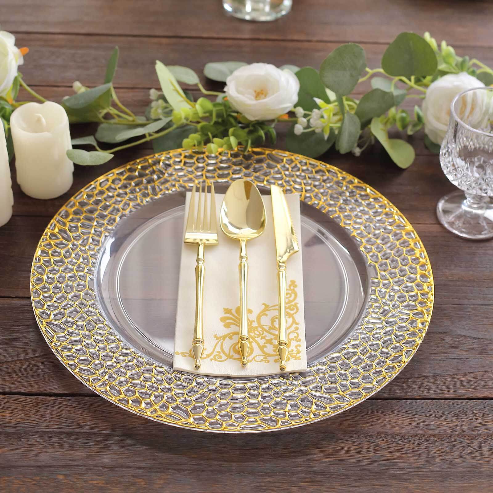 6-Pack Acrylic Charger Plates 13" Round Clear with Gold Hammered Rim - Decorative Plastic Charger Tableware - Image 7