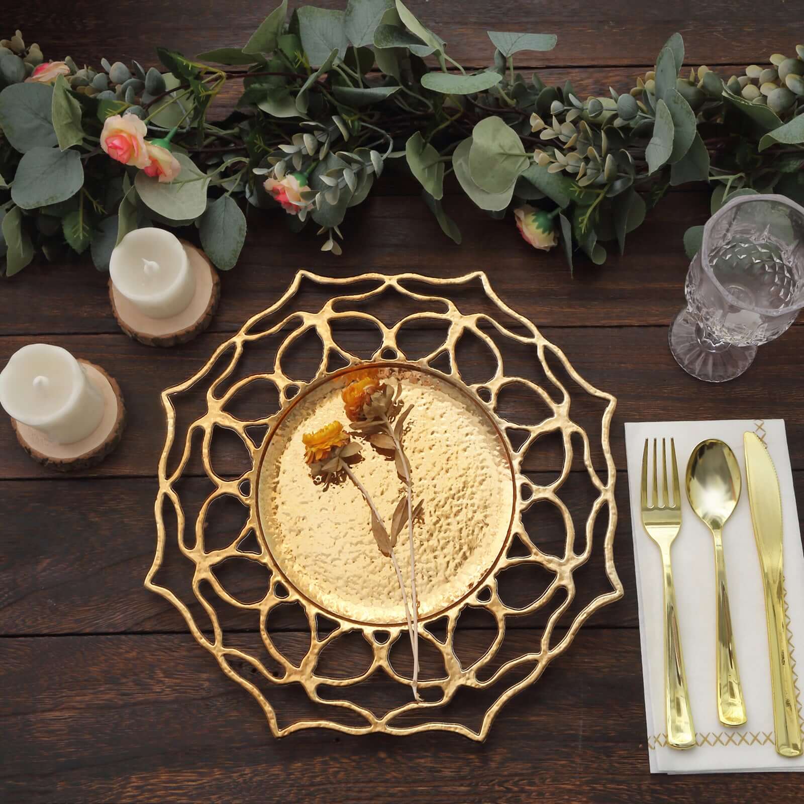 6-Pack Acrylic Charger Plates 13" Round Gold Floral Cutout Design - Hollow Flower Plastic Decorative Dinner Party Charger Tableware - Image 10