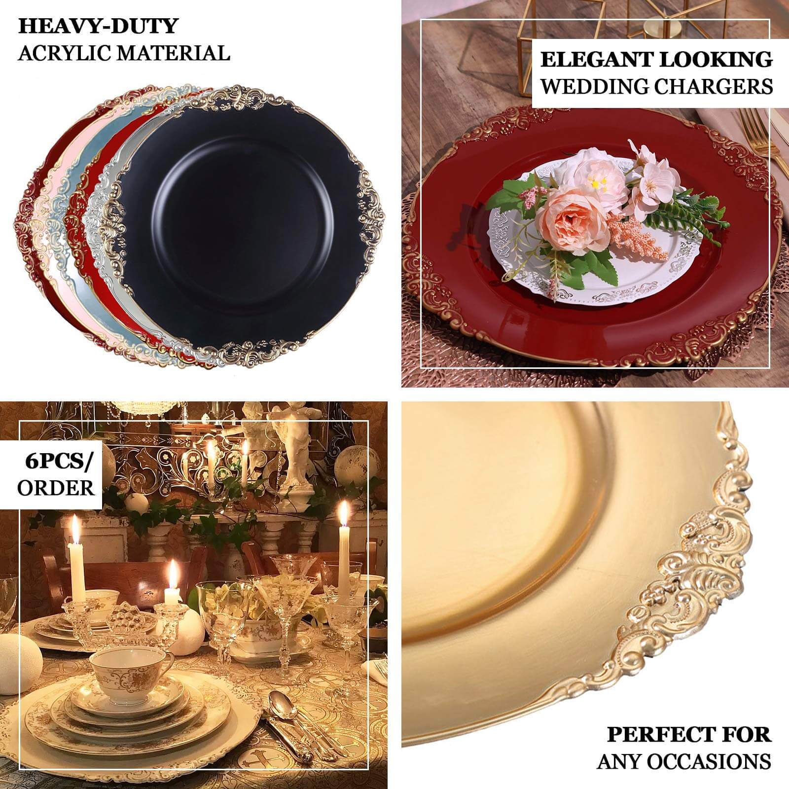 6-Pack Acrylic Charger Plates 13" Round Clear with Gold Embossed Baroque Rim - Antique Decorative Dinner Tableware - Image 5